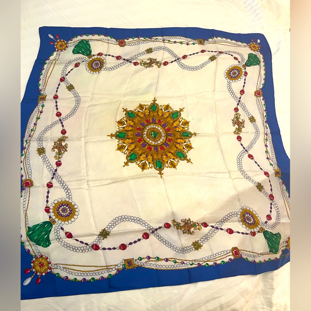 Talbots Elegant Blue and Cream Scarf with Gold and Green Accents